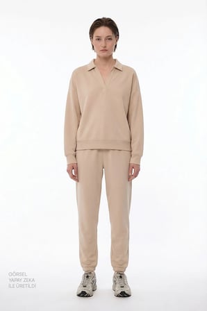 Bej Polo Yaka Modal Sweatshirt