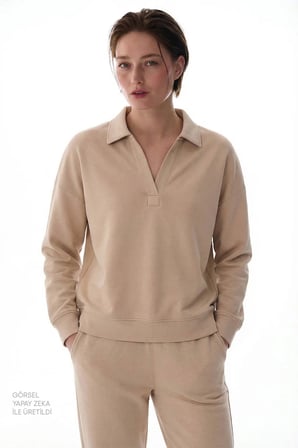 Bej Polo Yaka Modal Sweatshirt