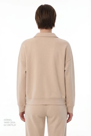 Bej Polo Yaka Modal Sweatshirt