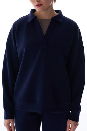 Lacivert Polo Yaka Modal Sweatshirt
