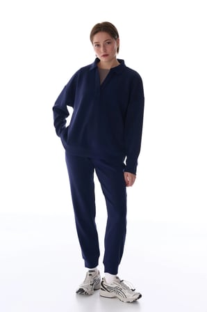 Lacivert Polo Yaka Modal Sweatshirt