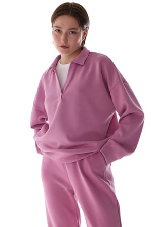 Pembe Polo Yaka Modal Sweatshirt