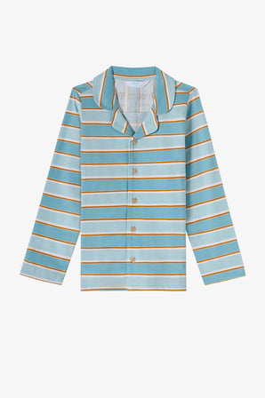 Mavi Erkek Çocuk Blue Stripe Uzun Kollu Düğmeli Pamuklu Gömlek Pijama Takımı