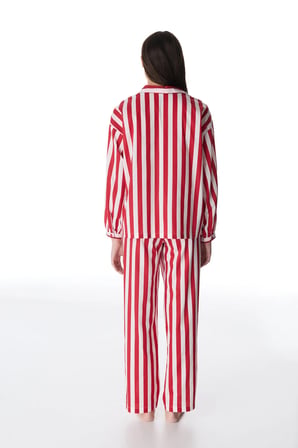 Kırmızı Lucy Çizgili Pamuklu Gömlek Pantolon Pijama Takımı