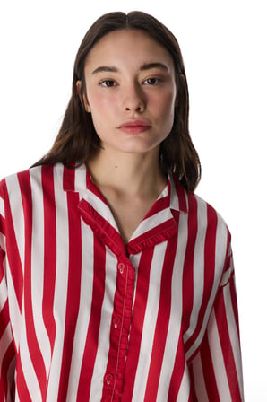 Kırmızı Lucy Çizgili Pamuklu Gömlek Pantolon Pijama Takımı