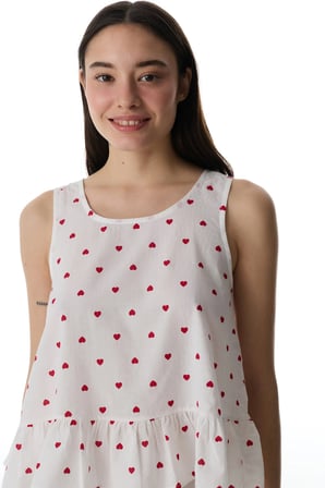 Kırık Beyaz Red Hearts Pamuklu Atlet Pijama Üstü