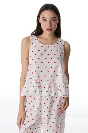 Kırık Beyaz Kırmızı Kalp Atlet Pijama Üstü