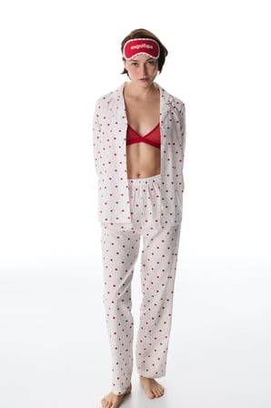 Kırık Beyaz Kırmızı Kalp Gömlek Uzun Kollu Pijama Takımı