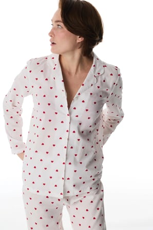 Kırık Beyaz Kırmızı Kalp Gömlek Uzun Kollu Pijama Takımı