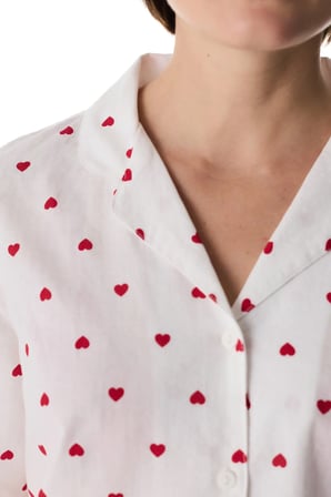 Kırık Beyaz Kırmızı Kalp Gömlek Uzun Kollu Pijama Takımı
