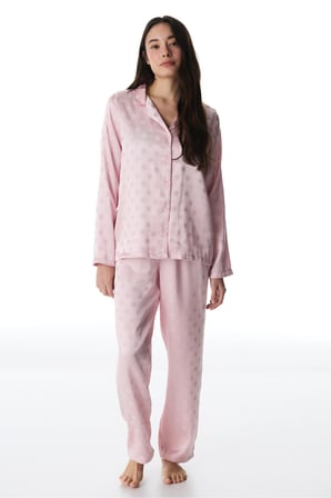 Pembe Quinn Saten Düğmeli Gömlek Pantolon Pijama Takımı