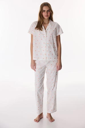 Kırık Beyaz Peach Gömlek Meyve Desenli Kısa Kollu Pijama Takımı