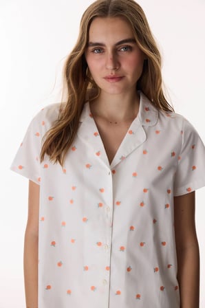 Kırık Beyaz Peach Gömlek Meyve Desenli Kısa Kollu Pijama Takımı
