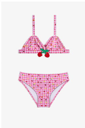 Kız Çocuk Pembe Picnic Üçgen Meyve Desenli Bikini Takımı