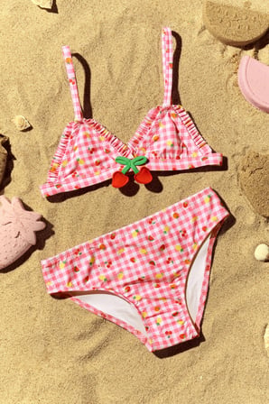 Kız Çocuk Pembe Picnic Üçgen Meyve Desenli Bikini Takımı