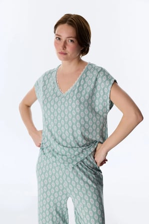 Yeşil Alia Kapri Çiçekli Kısa Kollu Pijama Takımı