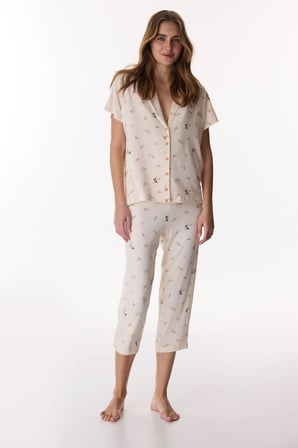 Bej Margot Baskılı Gömlek Kapri Çiçekli Kısa Kollu Pijama Takımı