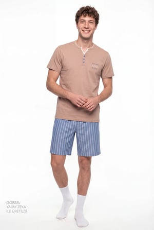 Erkek Desert Sand Çizgili Kısa Kollu Pijama Takımı