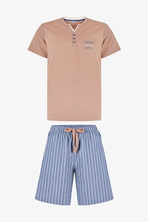 Erkek Desert Sand Çizgili Kısa Kollu Pijama Takımı