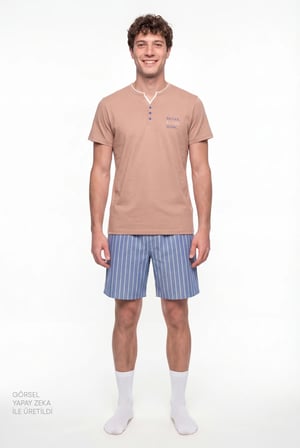 Erkek Desert Sand Çizgili Kısa Kollu Pijama Takımı