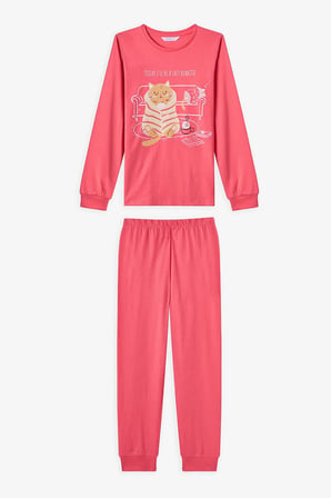 Pembe Kız Çocuk Caturday Night Uzun Kollu Pamuklu 2'li Pijama Takımı