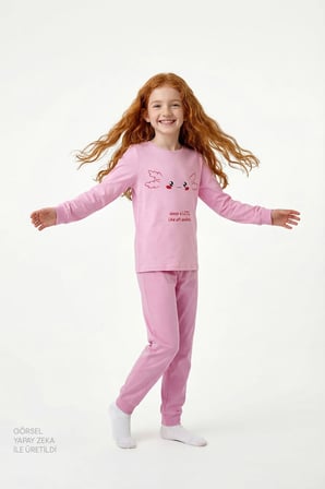 Pembe Kız Çocuk Relaxalotl Uzun Kollu Pamuklu 2'li Pijama Takımı