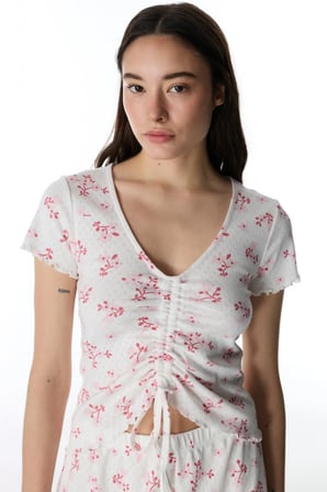 Pembe Blossom Pamuklu Pointel Tişört Pijama Üstü