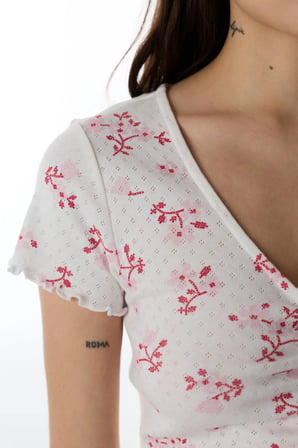 Pembe Blossom Pamuklu Pointel Tişört Pijama Üstü
