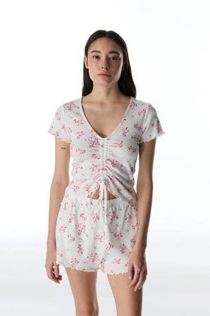 Pembe Blossom Pamuklu Pointel Tişört Pijama Üstü