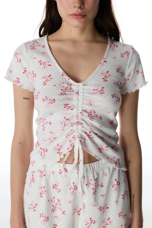 Pembe Blossom Pamuklu Pointel Tişört Pijama Üstü