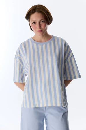 Mavi Cozy Club Pamuklu Çizgili Tişört Pijama Üstü