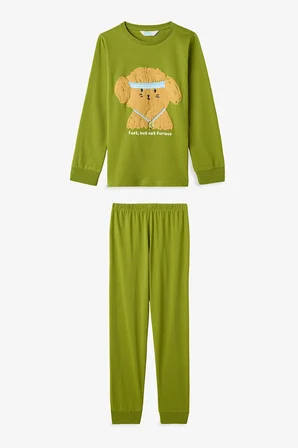 Erkek Çocuk Yağ Yesili Runner Dog Uzun Kollu 2'li Pijama Takımı