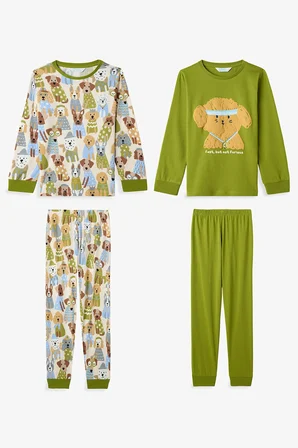 Erkek Çocuk Yağ Yesili Runner Dog Uzun Kollu 2'li Pijama Takımı