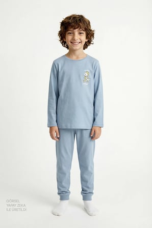 Mavi Erkek Çocuk Run Like A Dragon Uzun Kollu Pamuklu 2'li Pijama Takımı