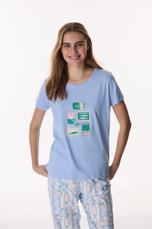 Pamuklu Mavi Sardines Pantolon Pijama Takımı