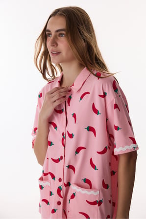 Pamuklu Pembe Just Chill Gömlek Pantolon Pijama Takımı