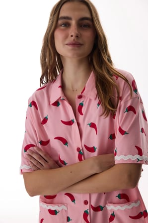 Pembe Just Chill Gömlek Yiyecek Desenli Dantelli Kısa Kollu Pijama Takımı