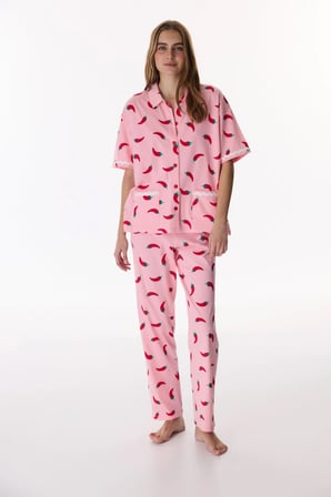 Pembe Just Chill Gömlek Yiyecek Desenli Dantelli Kısa Kollu Pijama Takımı