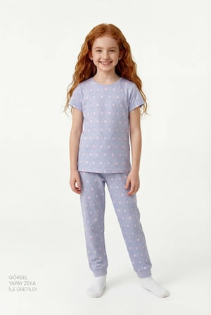 Kız Çocuk Lila Elmas Kısa Kollu 2'li Pijama Takımı