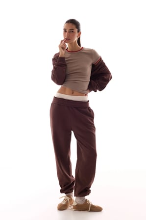Kahverengi Dikiş Detaylı Bisiklet Yaka Pamuklu Sweatshirt