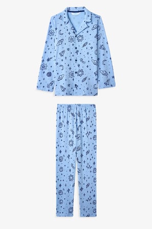 Erkek Çocuk Mavi Cosmic Gökyüzü Desenli Uzun Kollu Gömlek Pantolon Pijama Takımı