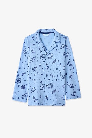 Erkek Çocuk Mavi Cosmic Gökyüzü Desenli Uzun Kollu Gömlek Pantolon Pijama Takımı