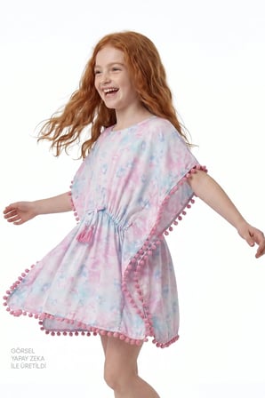Kız Çocuk Pembe Adela Kalp Desenli Ponponlu Kaftan