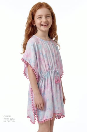 Kız Çocuk Pembe Adela Kalp Desenli Ponponlu Kaftan