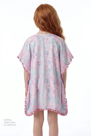 Kız Çocuk Pembe Adela Kalp Desenli Ponponlu Kaftan