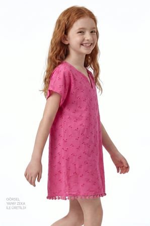 Kız Çocuk Pembe Brode Çiçekli Ponponlu Kaftan