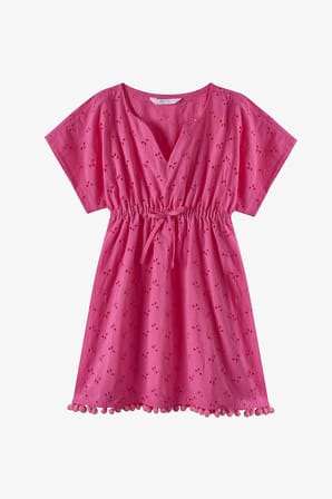 Kız Çocuk Pembe Brode Çiçekli Ponponlu Kaftan