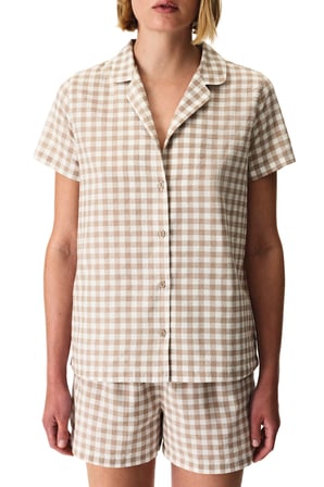 Latte Bej Gingham Pötikare Desenli Kısa Kollu Gömlek Şort Pijama Takımı