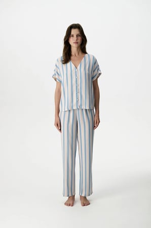 Mavi Ella Çizgili Pantolon Pijama Takımı