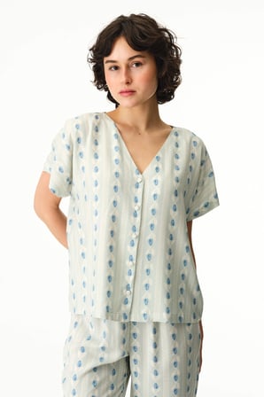 Açık Yeşil Serenity Düğmeli Çizgili Gömlek Pantolon Pijama Takımı